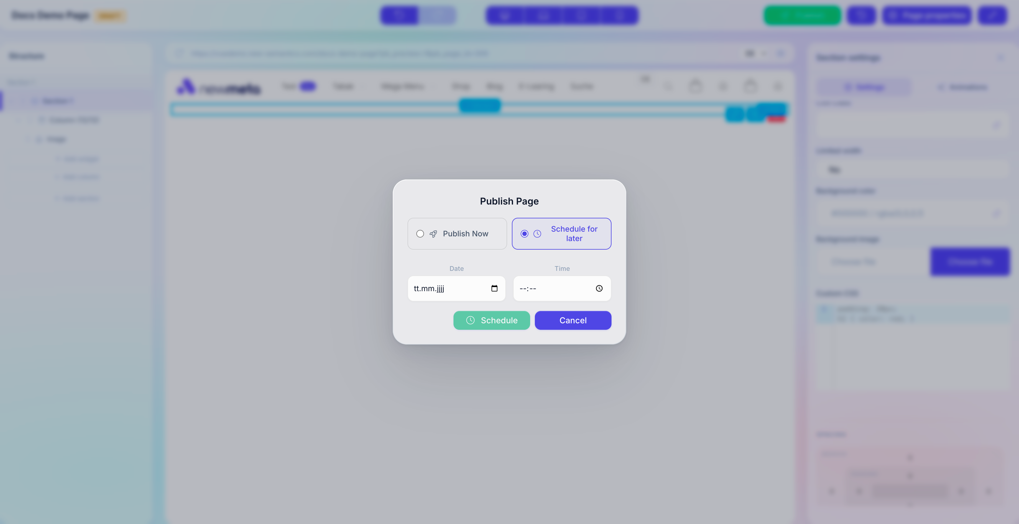 Publish dialog with Schedule for later selected and date/time picker visible