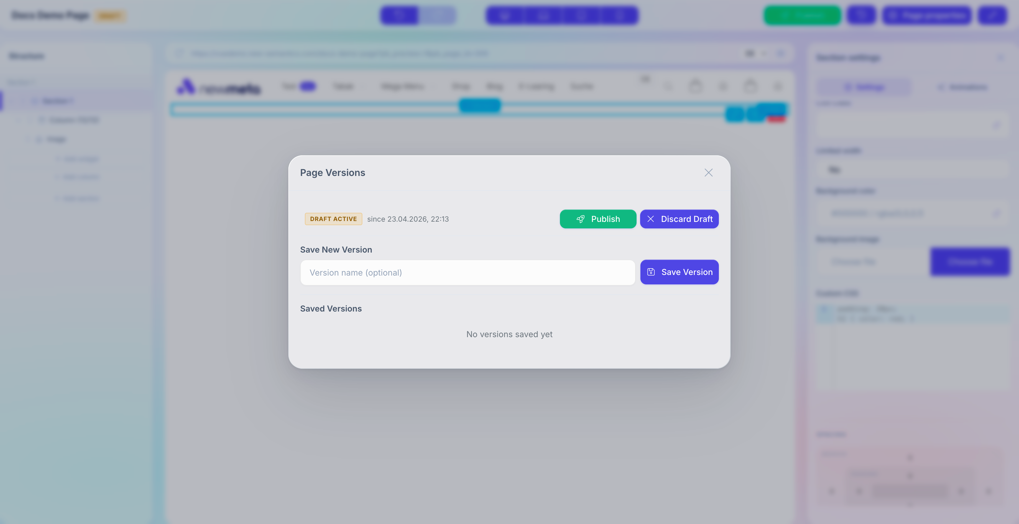 Version history modal with a list of published versions, each with timestamp and Restore button