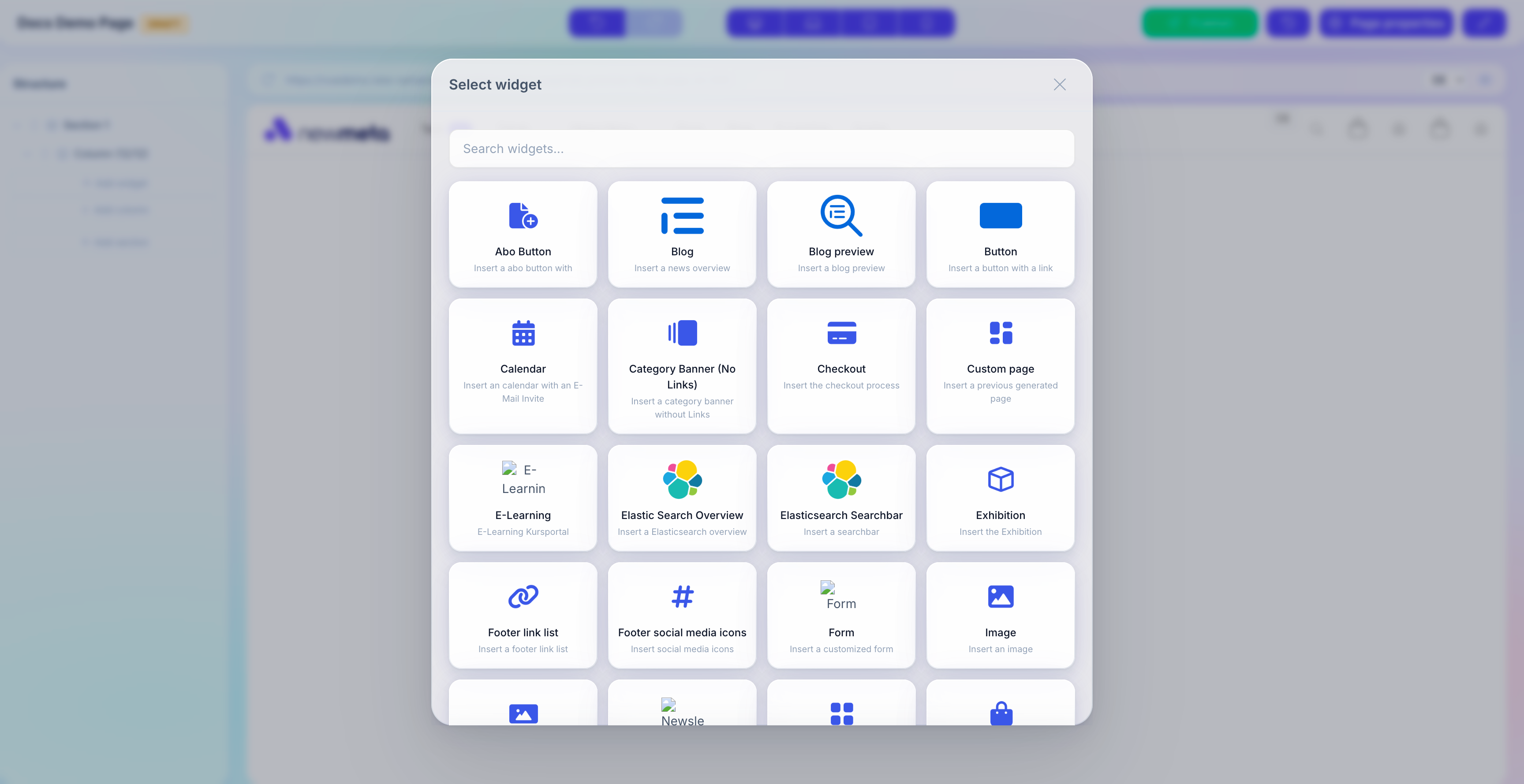 Widget Picker modal with categories on the left and widget grid on the right