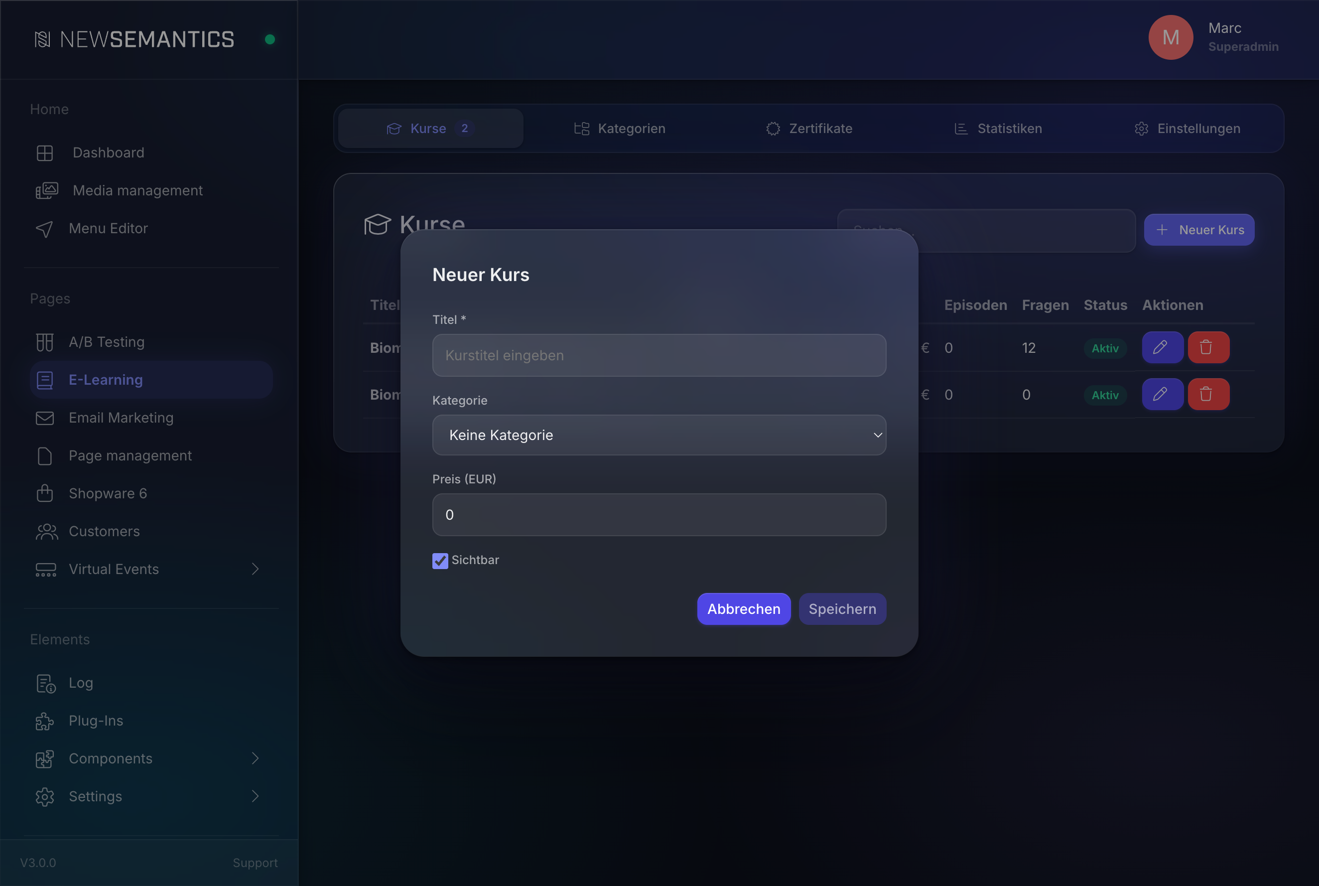 New course modal with title, category, price, visibility
