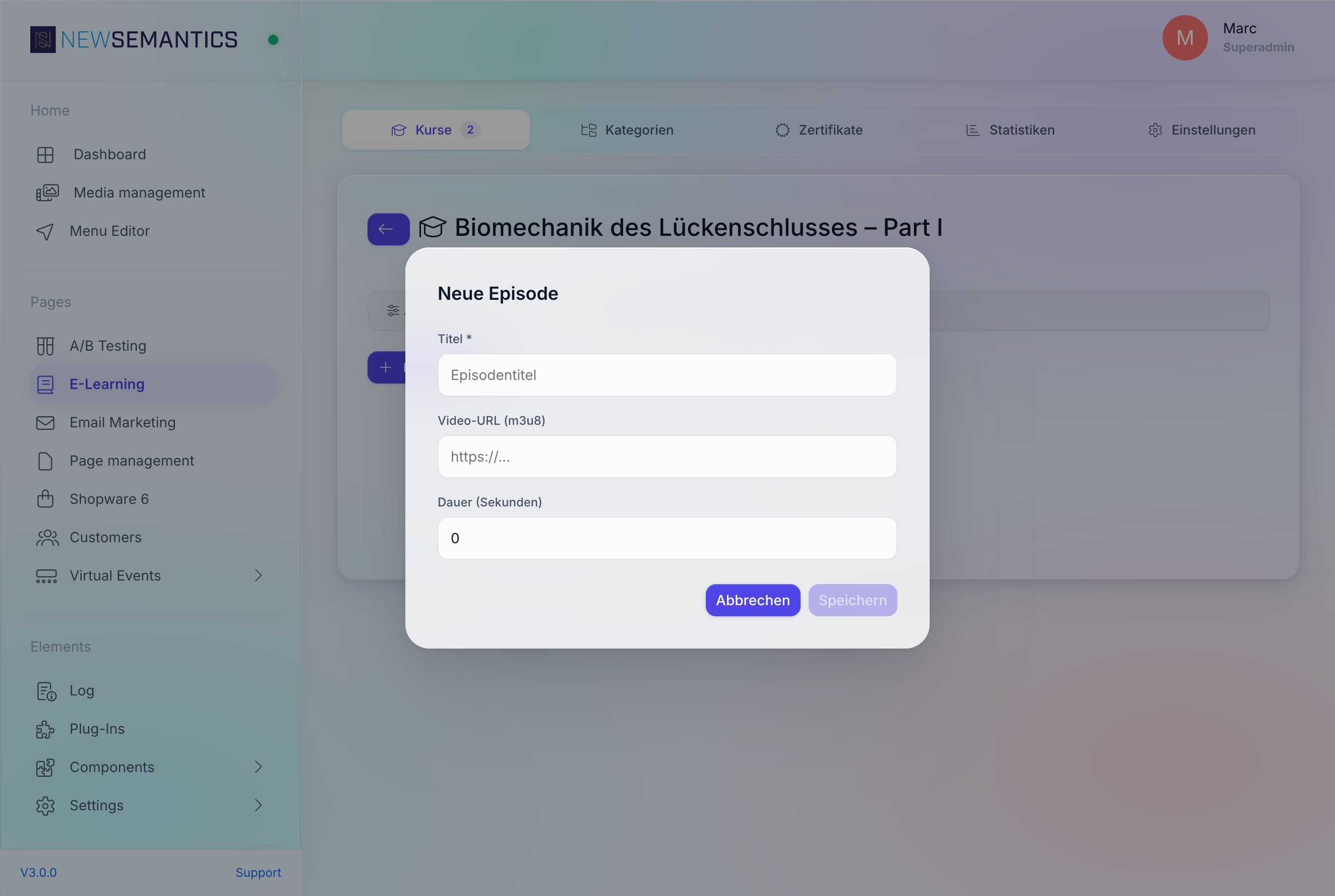 Episode modal with title, HLS URL, duration