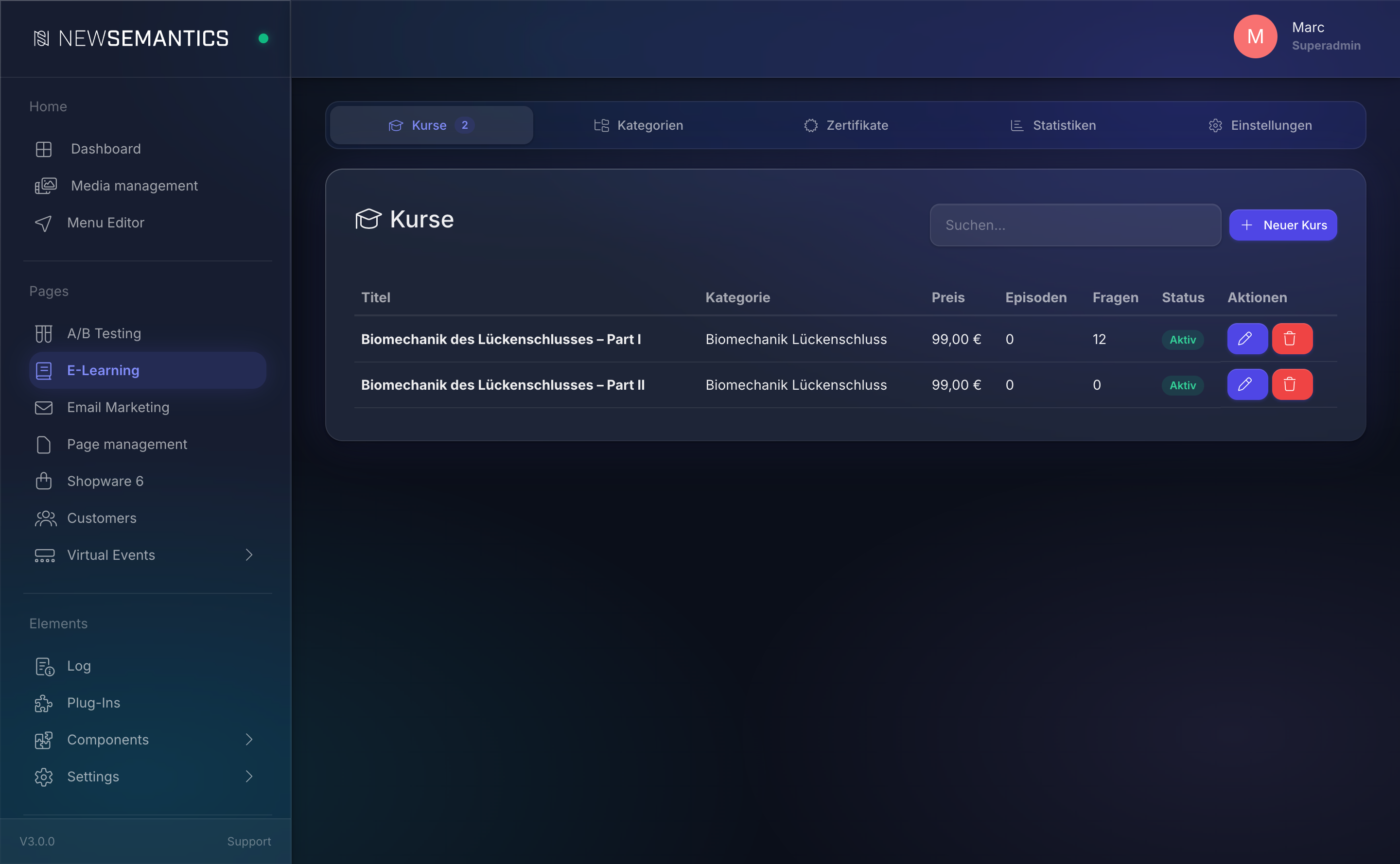 The five E-Learning tabs in the backend