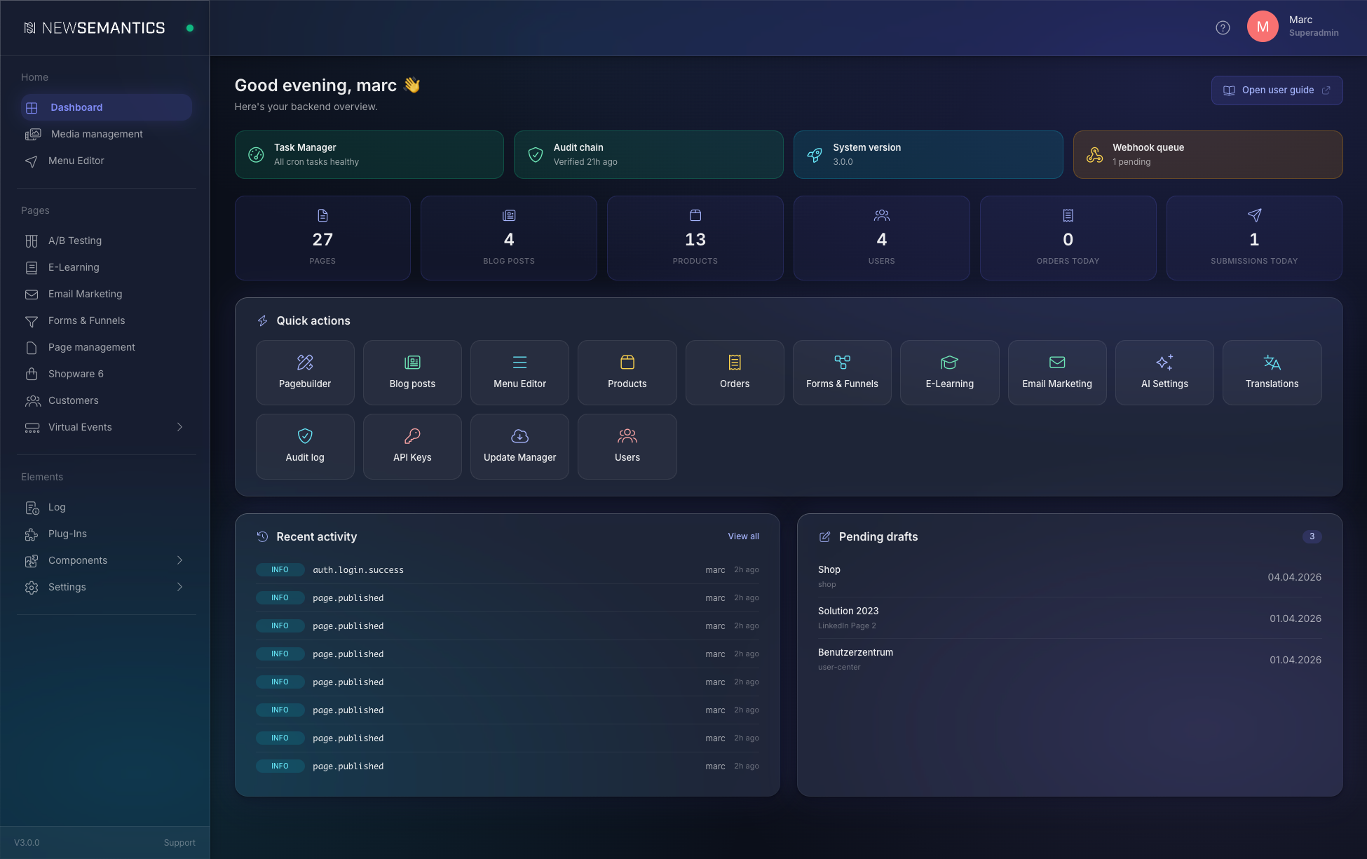 The same Dashboard rendered in dark mode.