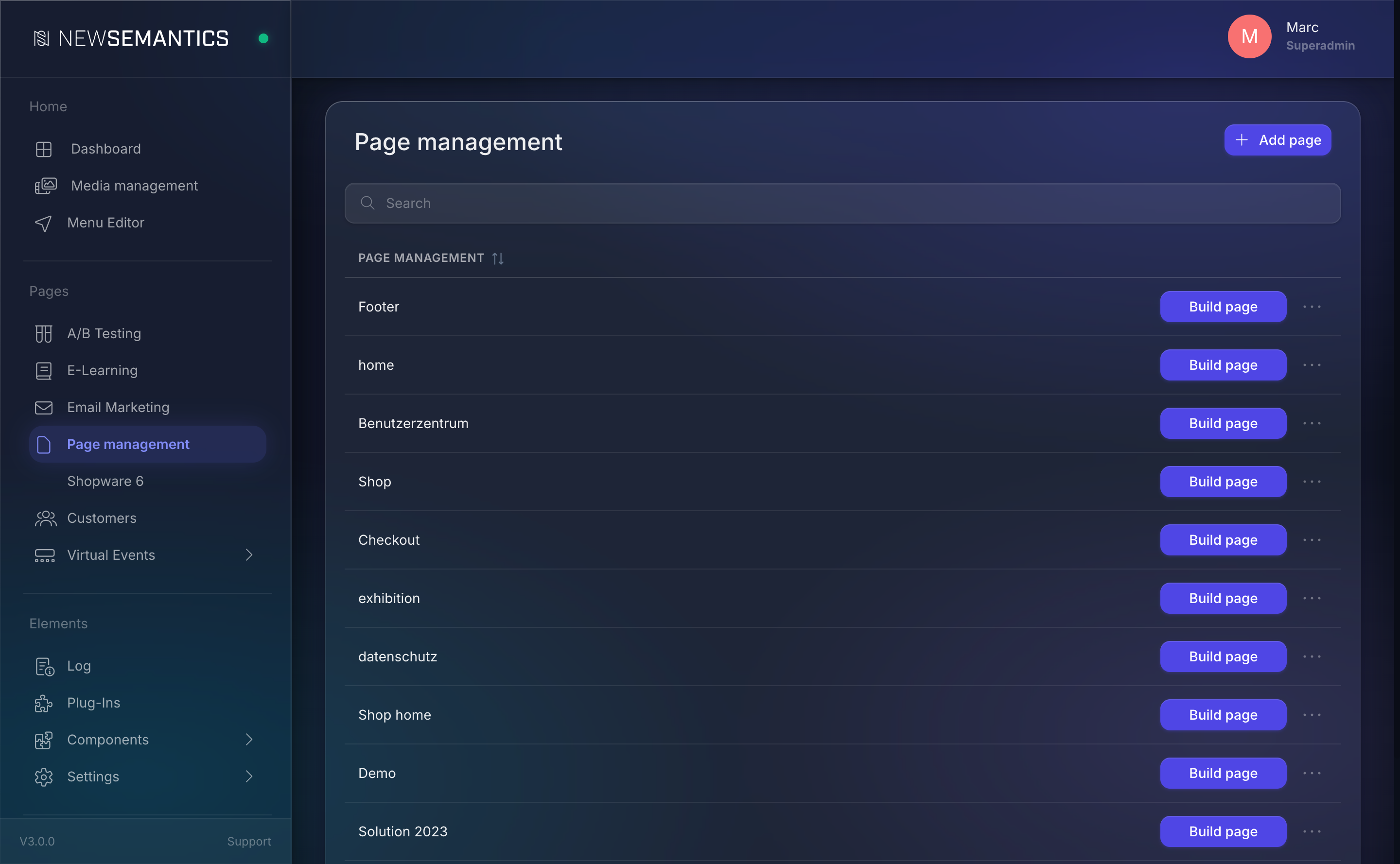 Page Management with a list of existing pages and action buttons