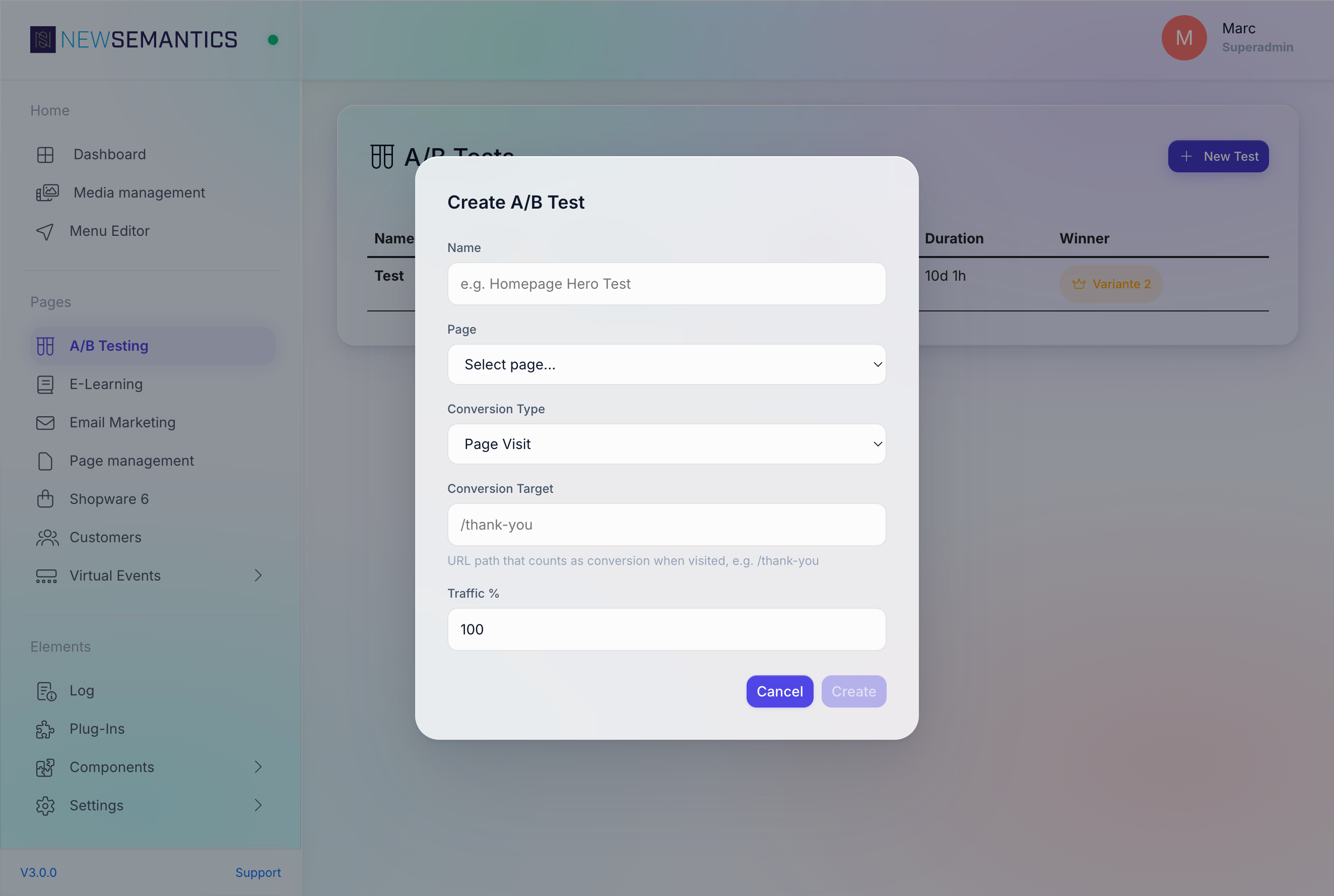 Create A/B test modal with name, page, conversion settings, traffic