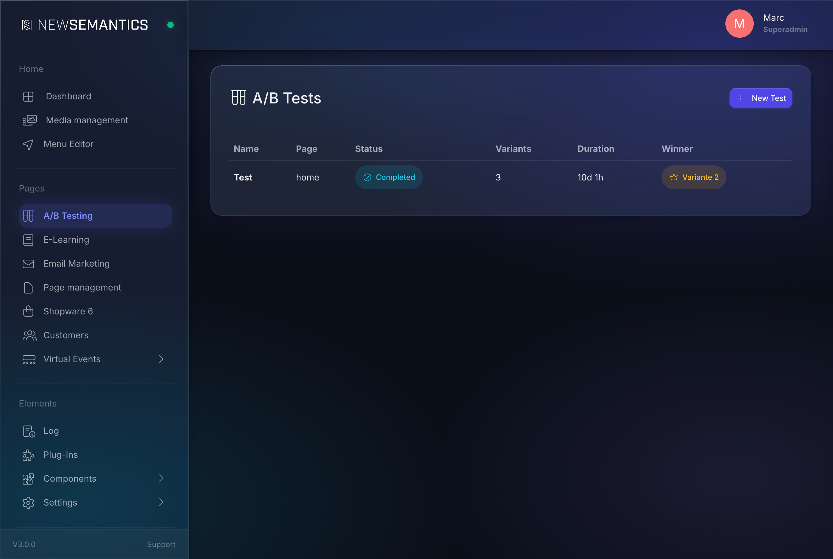 Empty test list with New Test button