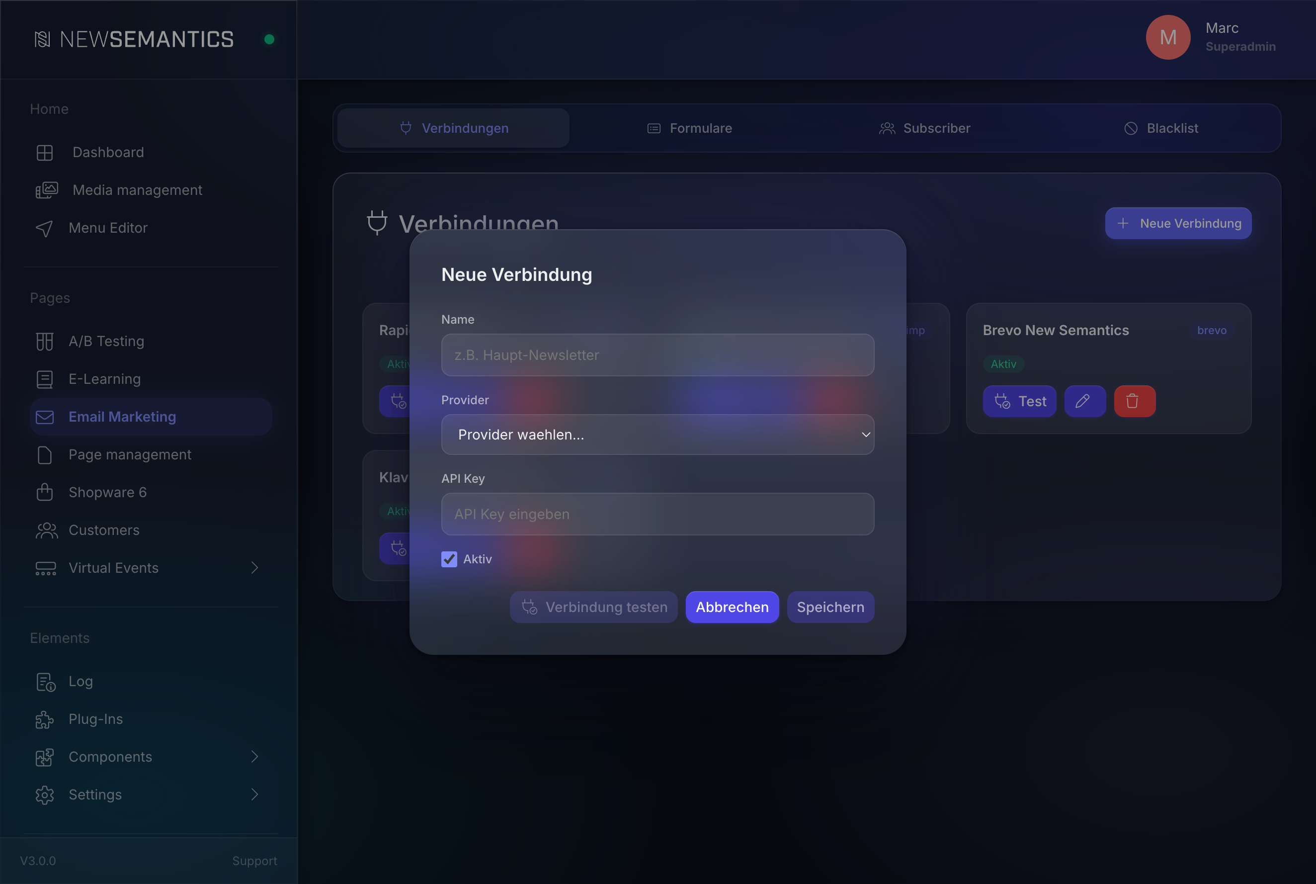New connection modal with provider selector