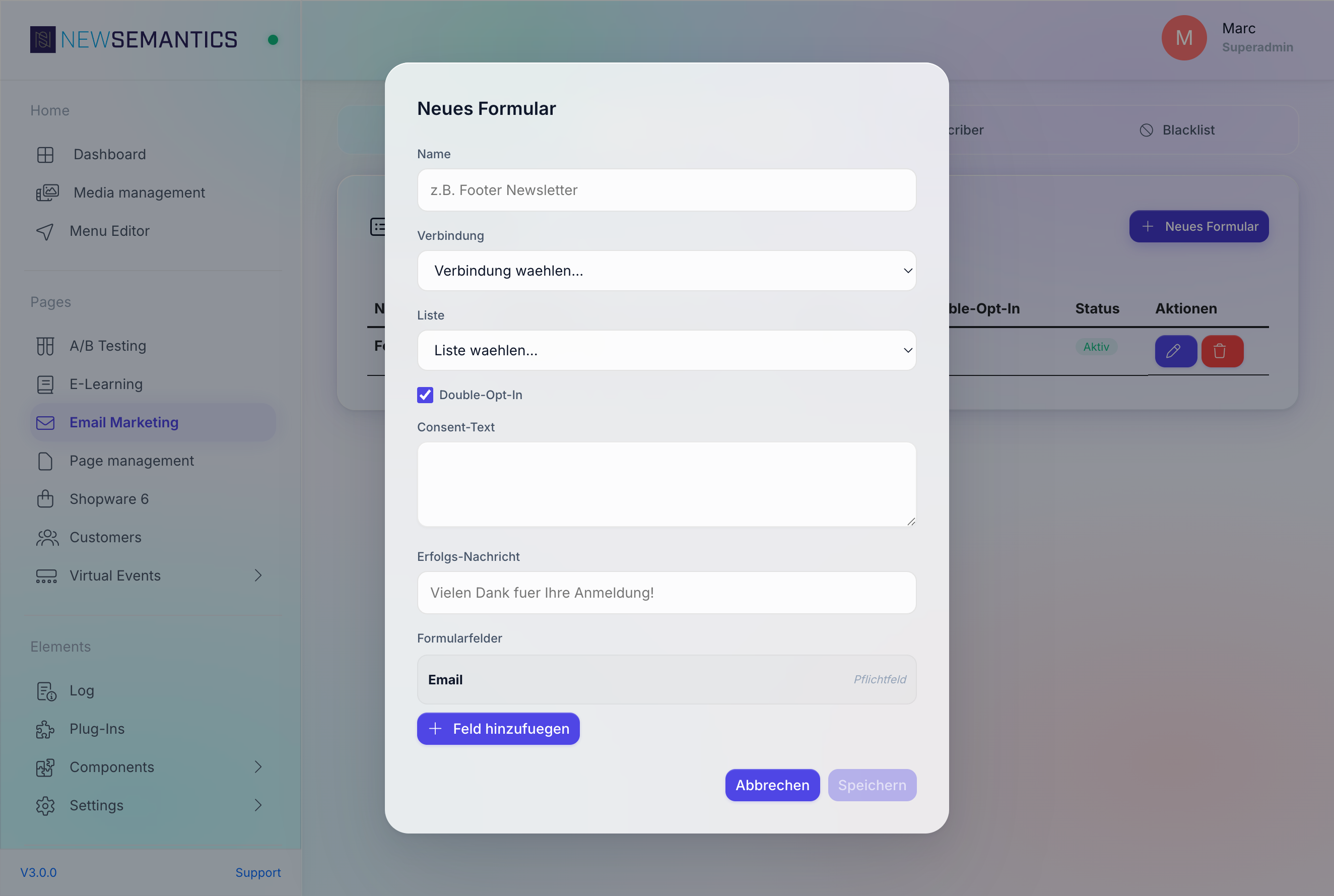 Form builder modal with name, connection, list, consent text, field list