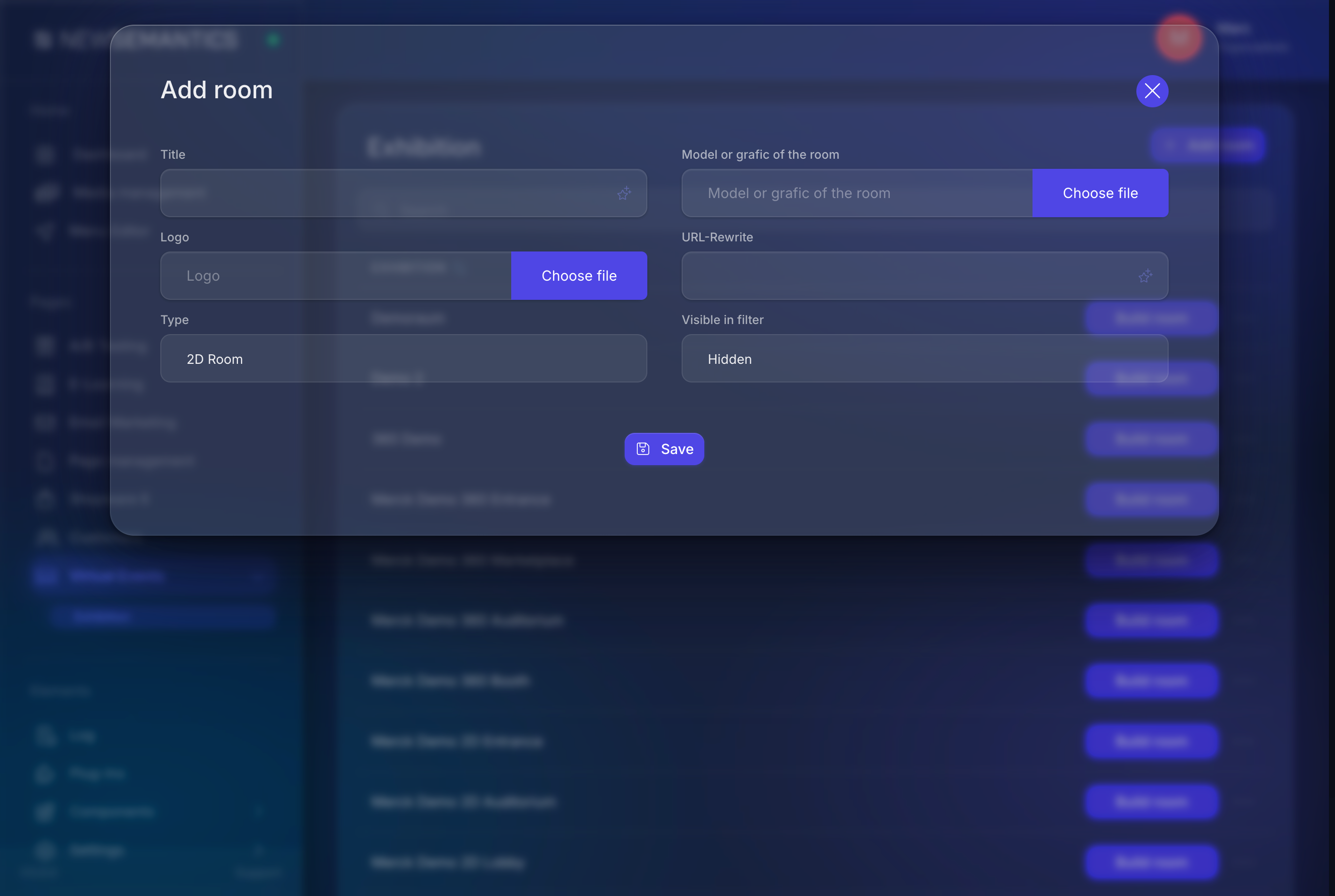 Add room modal with title, model, logo, URL, type, visibility