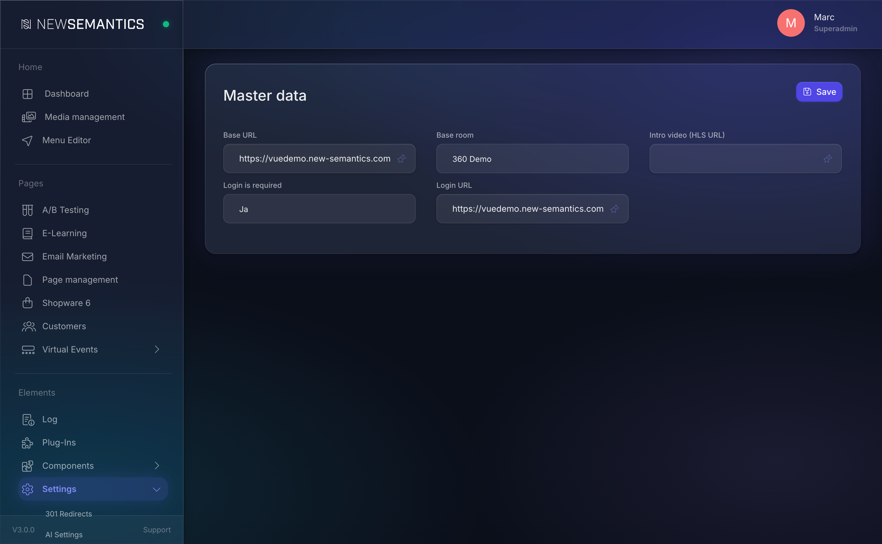 Masterdata form with base URL, base room, intro video, login flag