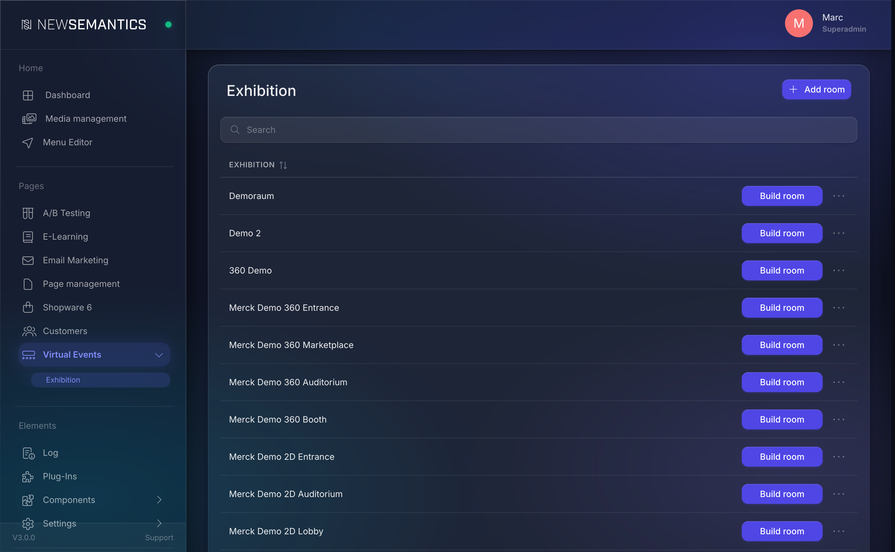 Exhibition rooms list with Build room, Edit, Delete actions