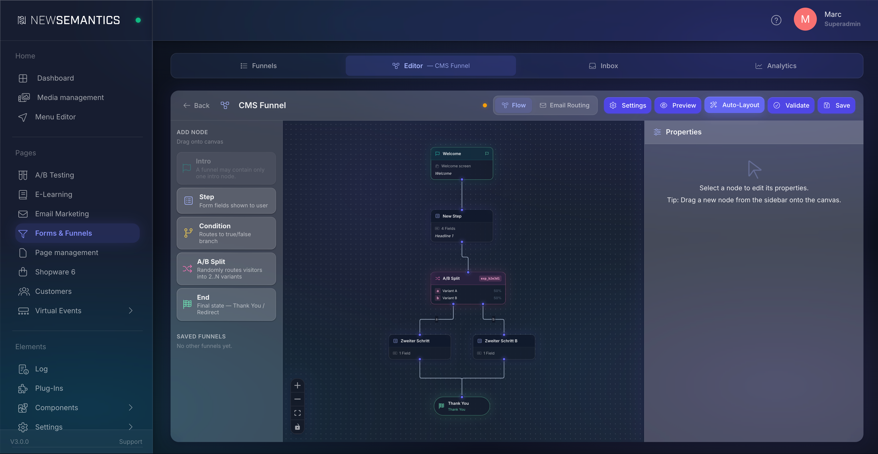 Flow editor with sidebar, canvas and properties panel