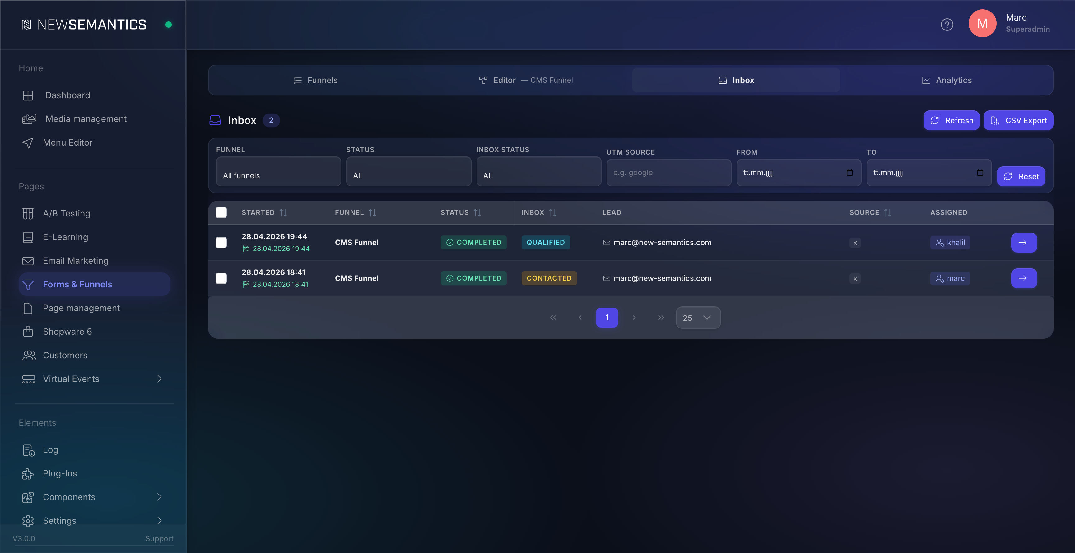 Submissions inbox with filters and bulk-bar