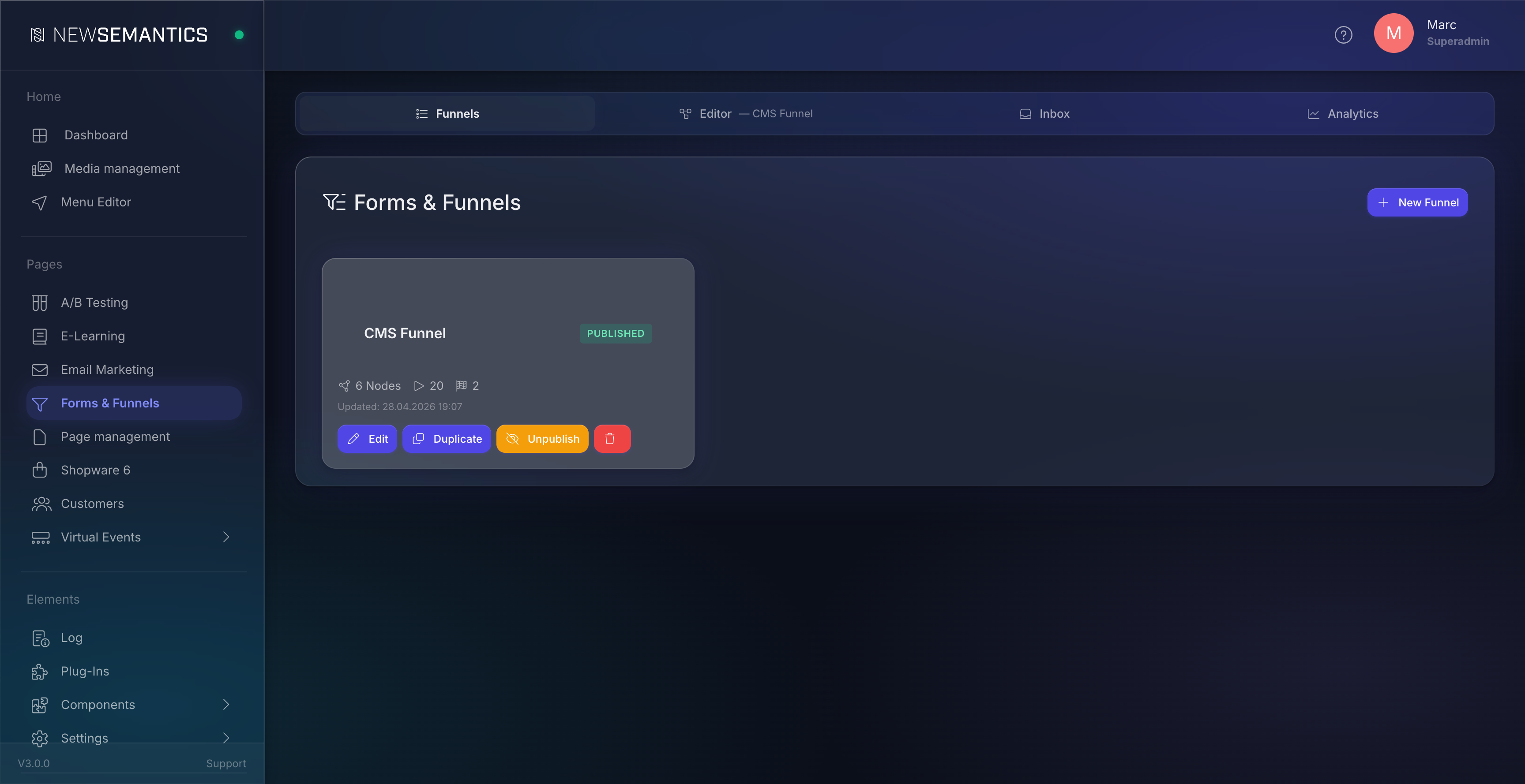 Forms & Funnels module with four tabs