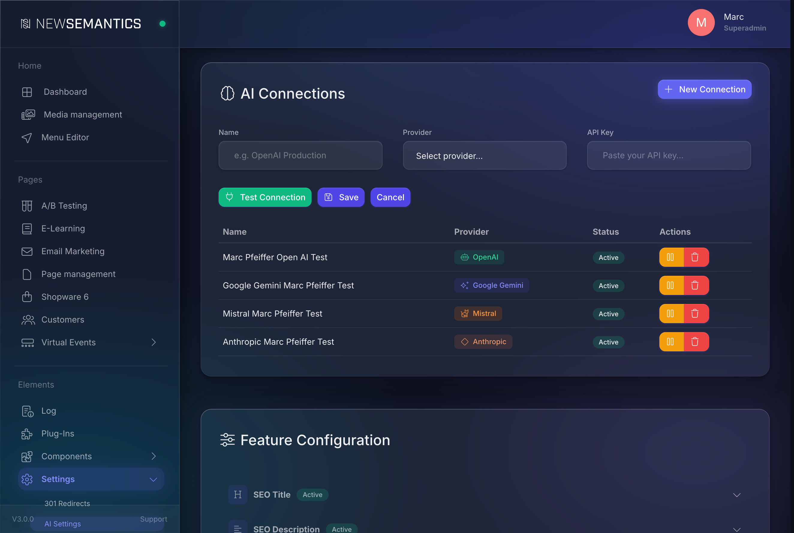 Add Connection form with Provider dropdown and API Key field