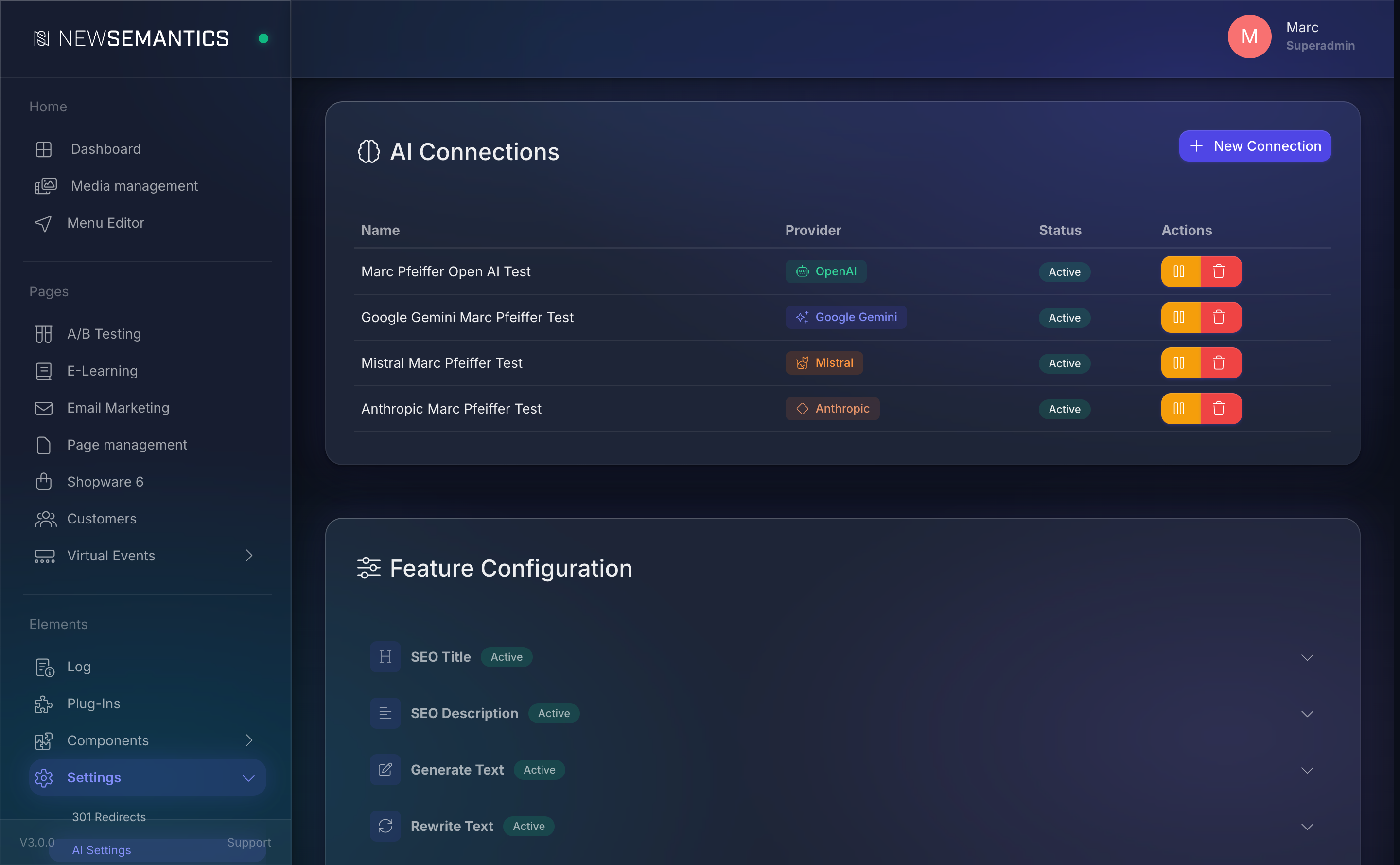 AI Settings screen with Connections panel, Features accordion, Usage stats