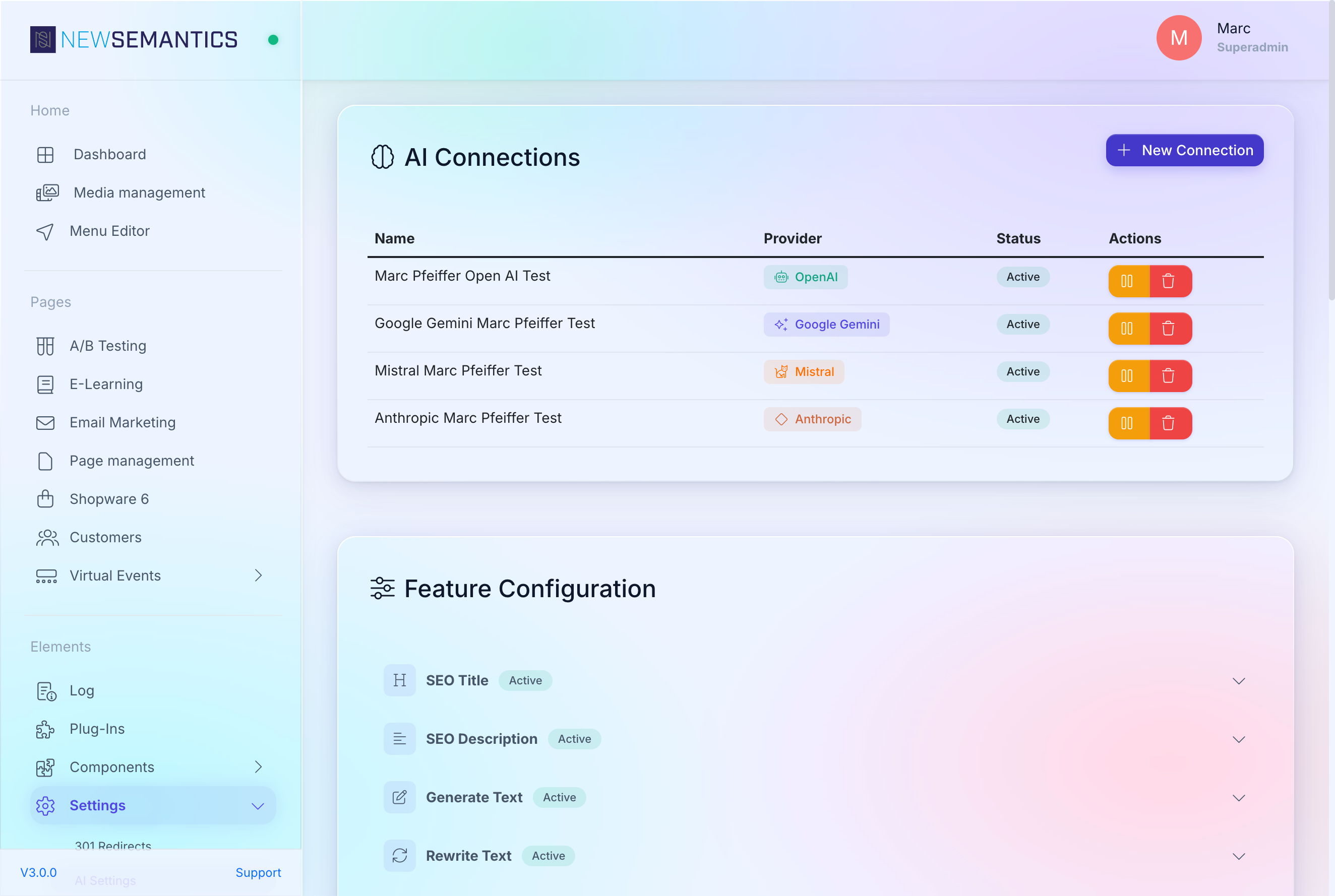 Usage panel with requests, prompt tokens, completion tokens, total per feature