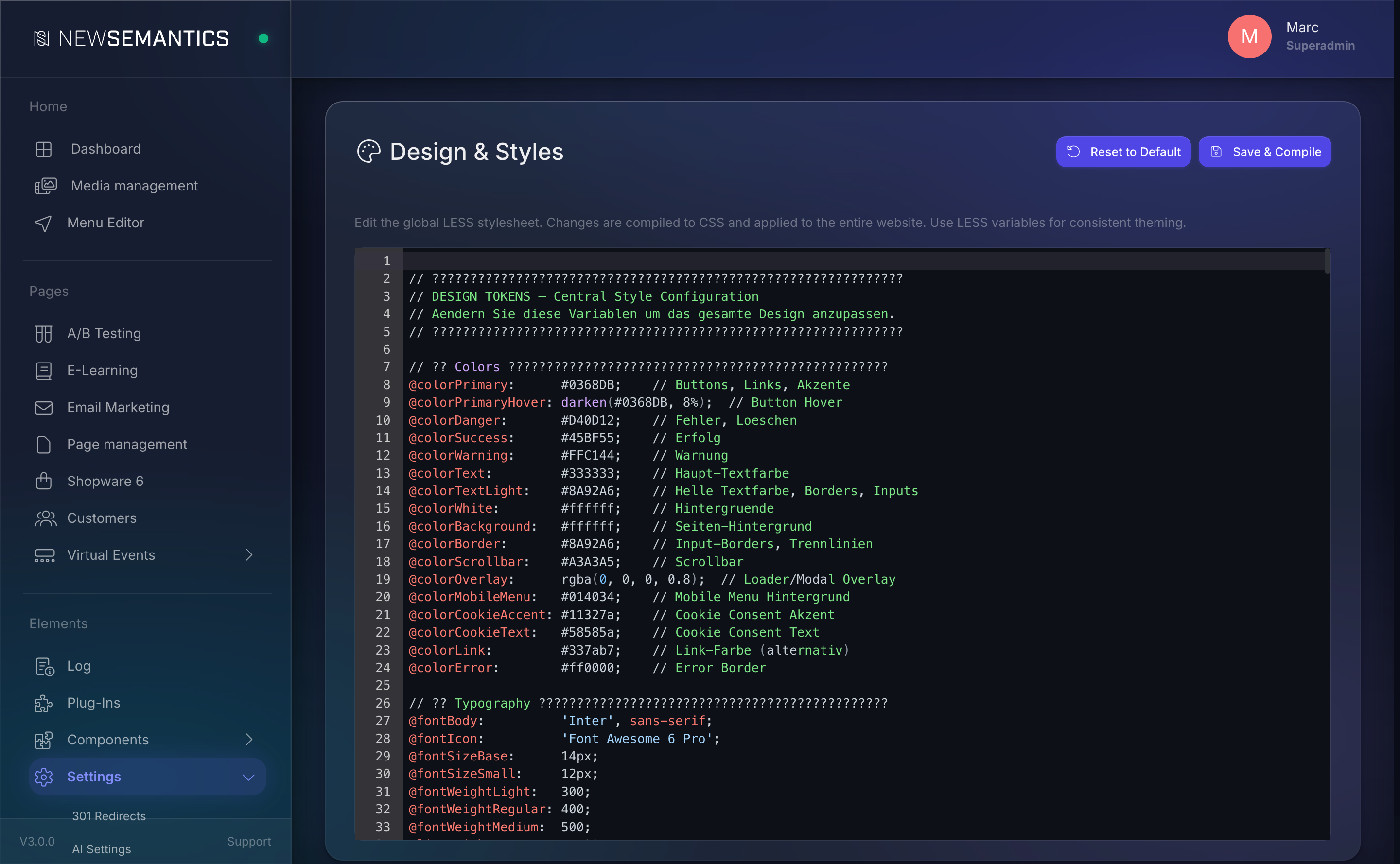Design & Styles editor with LESS variables at the top