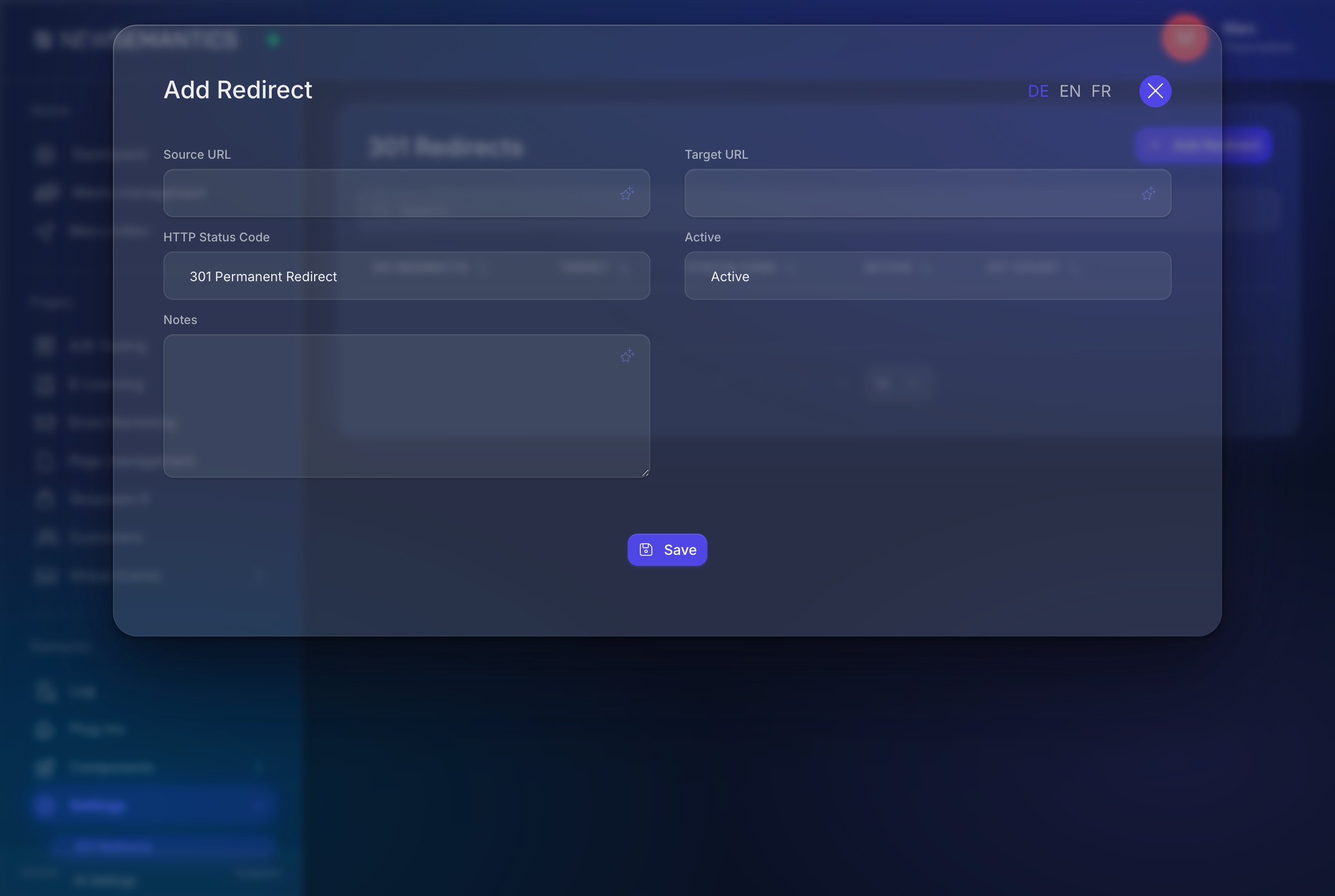 Add Redirect modal with Source URL, Target URL, HTTP Status Code, Active, Notes