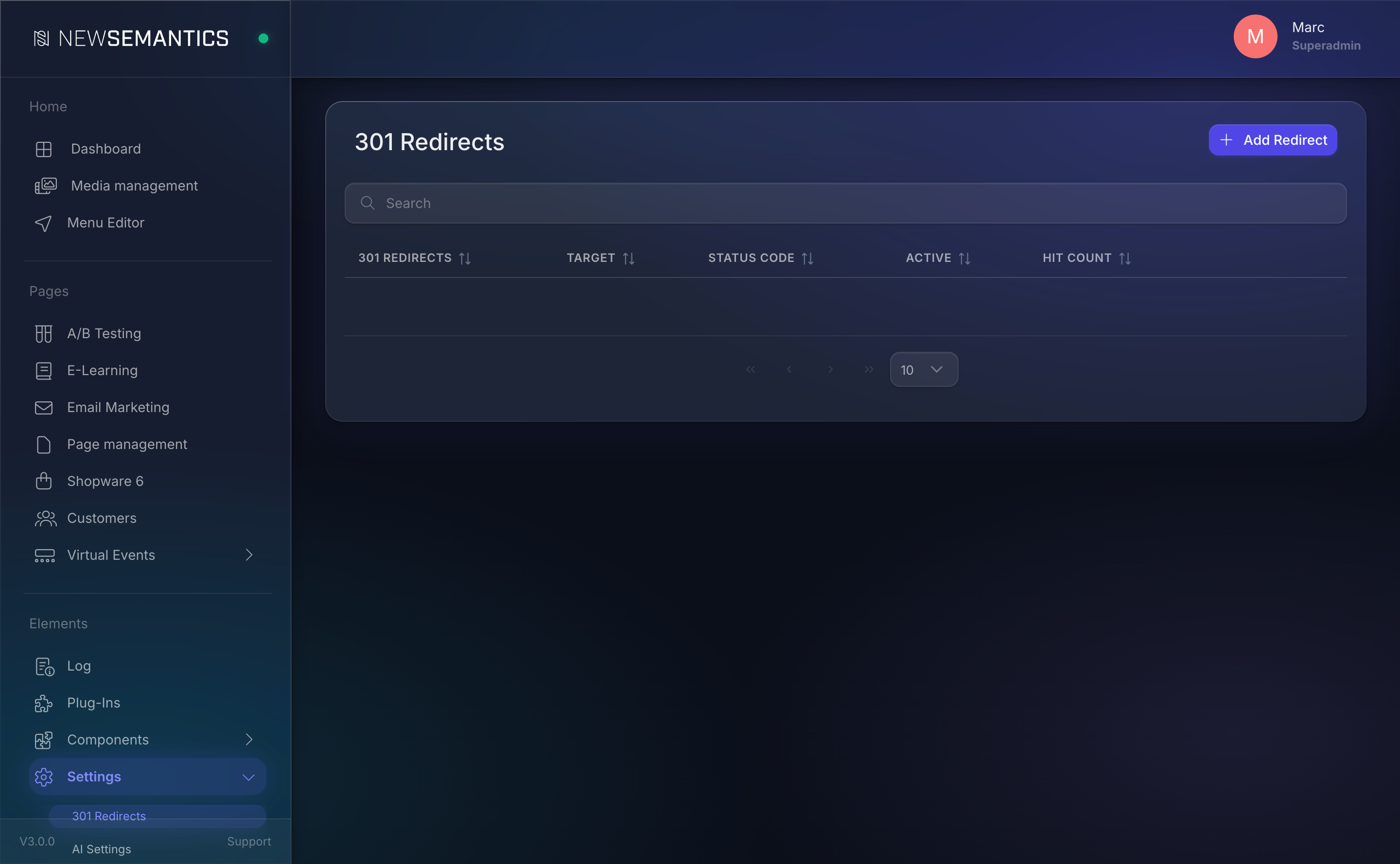 301 Redirects list with source, target, status code, active, hit count columns
