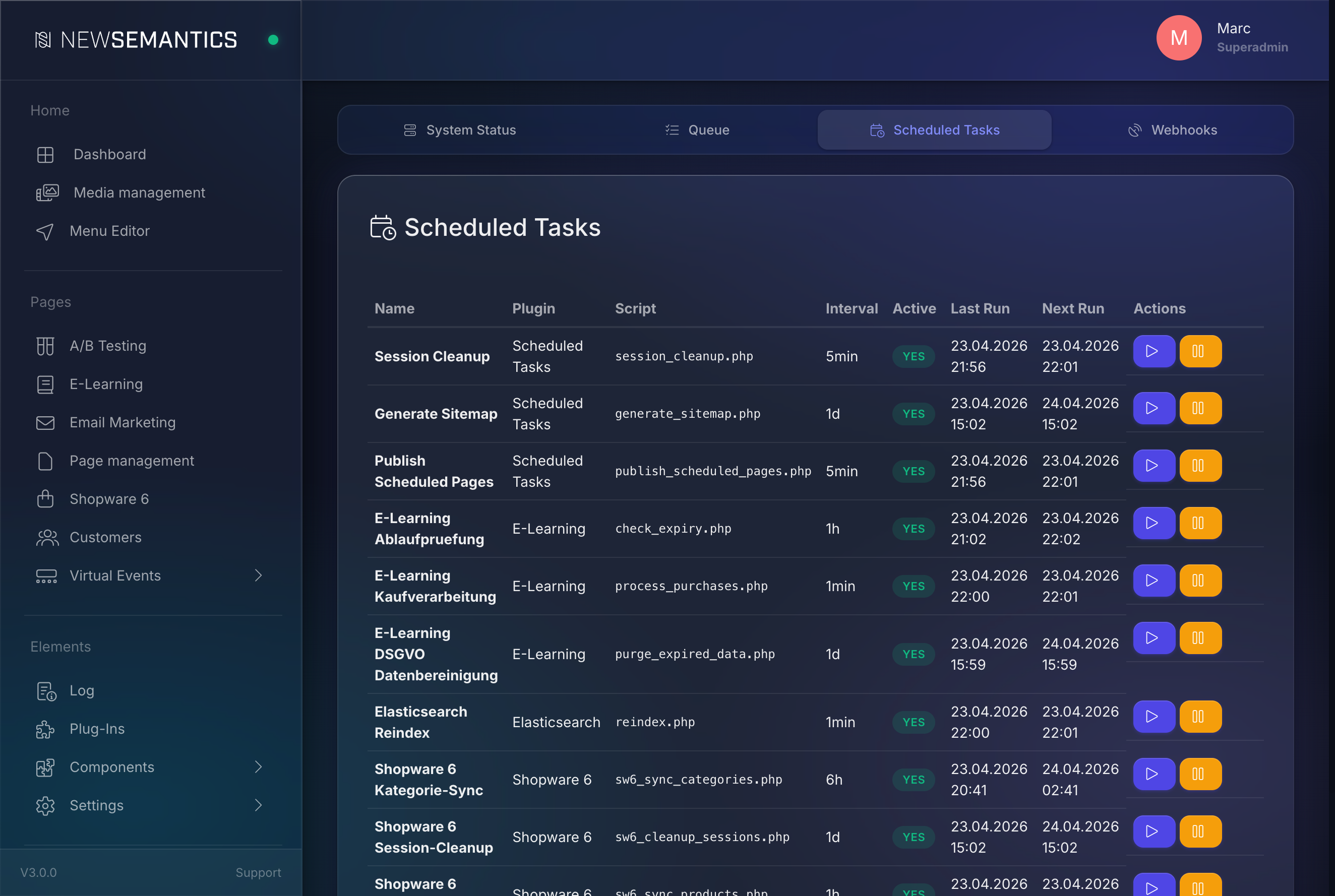 Task Manager Scheduled Tasks tab with the Generate Sitemap row and a Run Now button